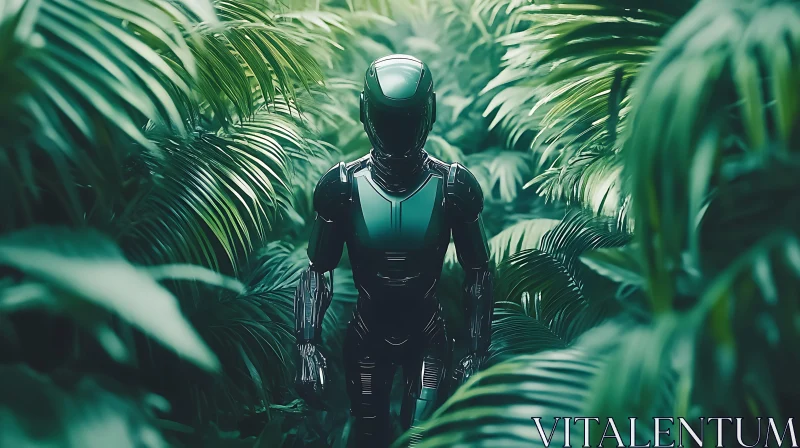 Robot Encounter Amidst Jungle Foliage AI Image