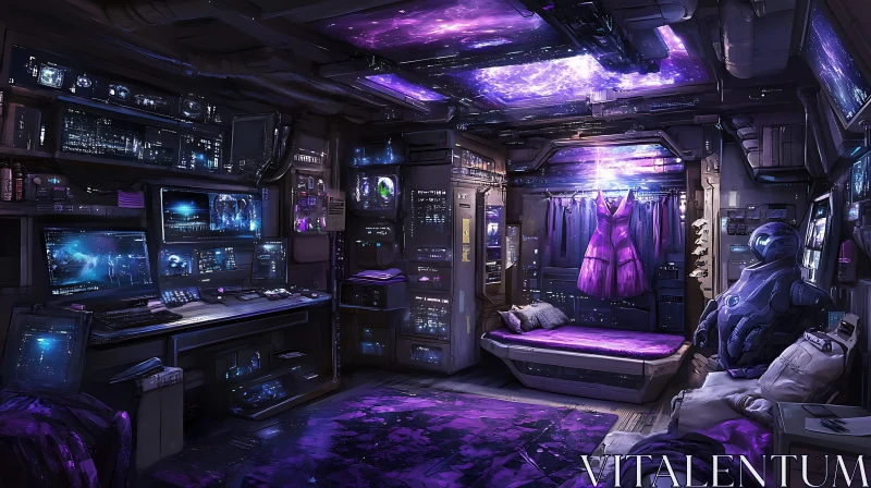 High-Tech Cybernetic Room with Robotic Elements and Radiant Purple Dress AI Image