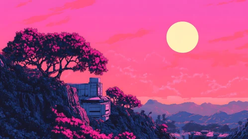 Futuristic Cliffside Building with Pink Trees