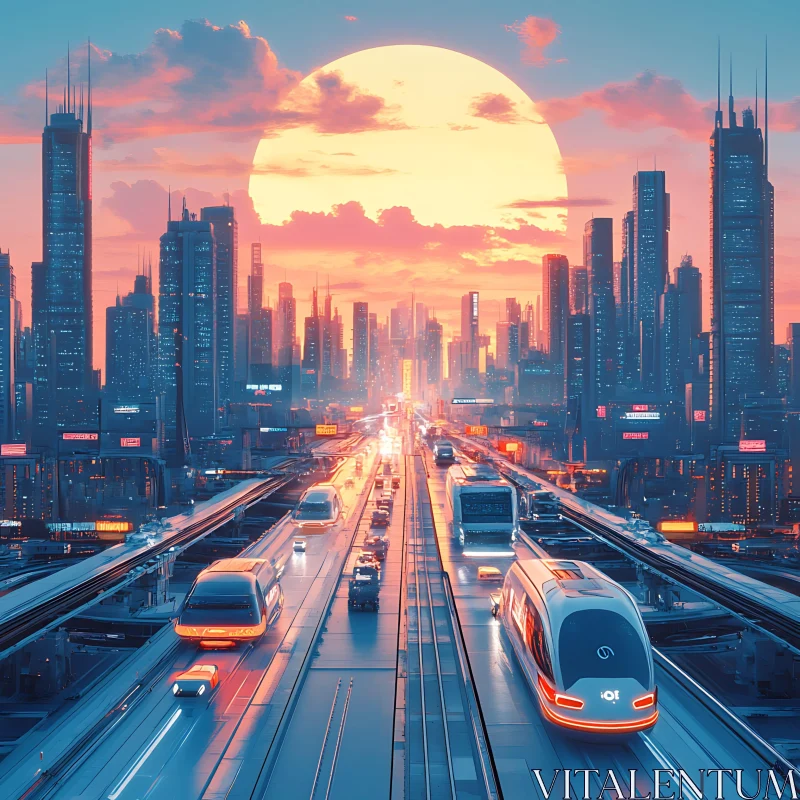 Future Urban Landscape with Sunset and Modern Transit AI Image