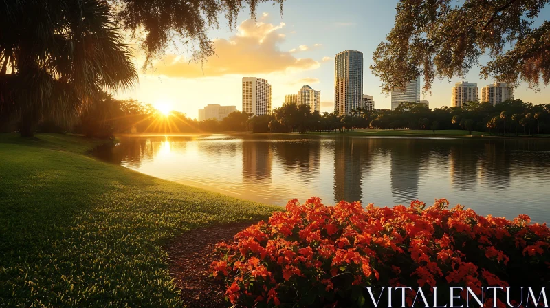 Sunset with City Skyline and Red Blossoms AI Image