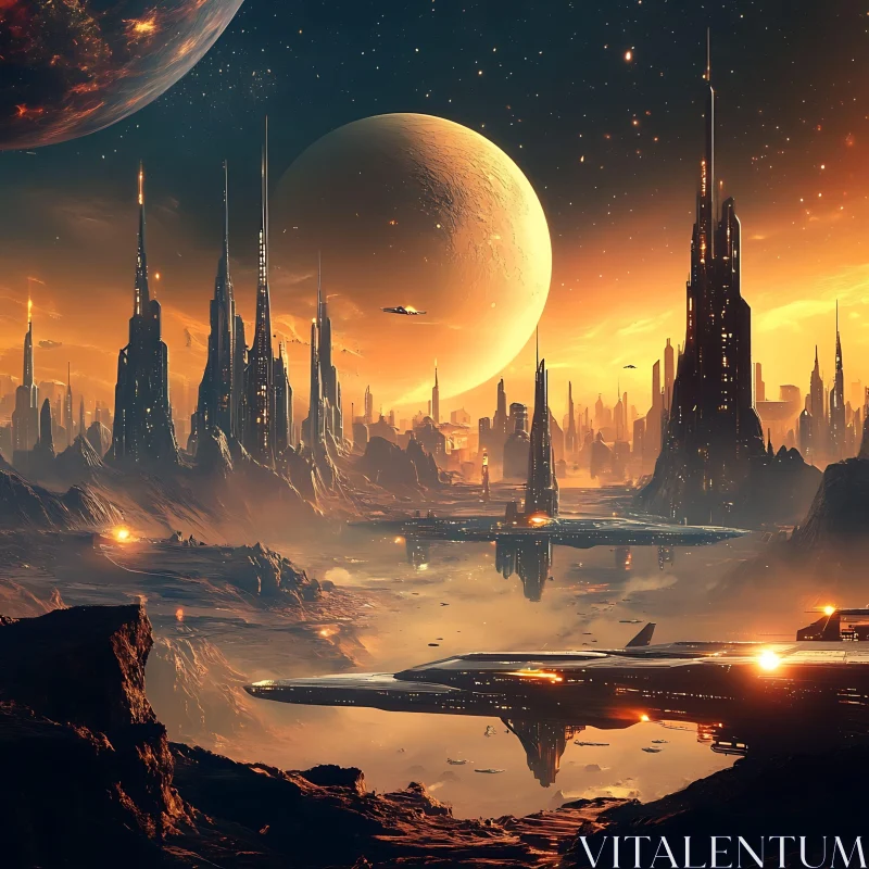 Alien Sunset City with Spacecraft and Spires AI Image