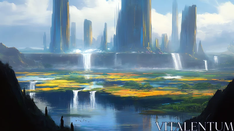 Fantasy Futuristic Landscape with Waterfalls AI Image