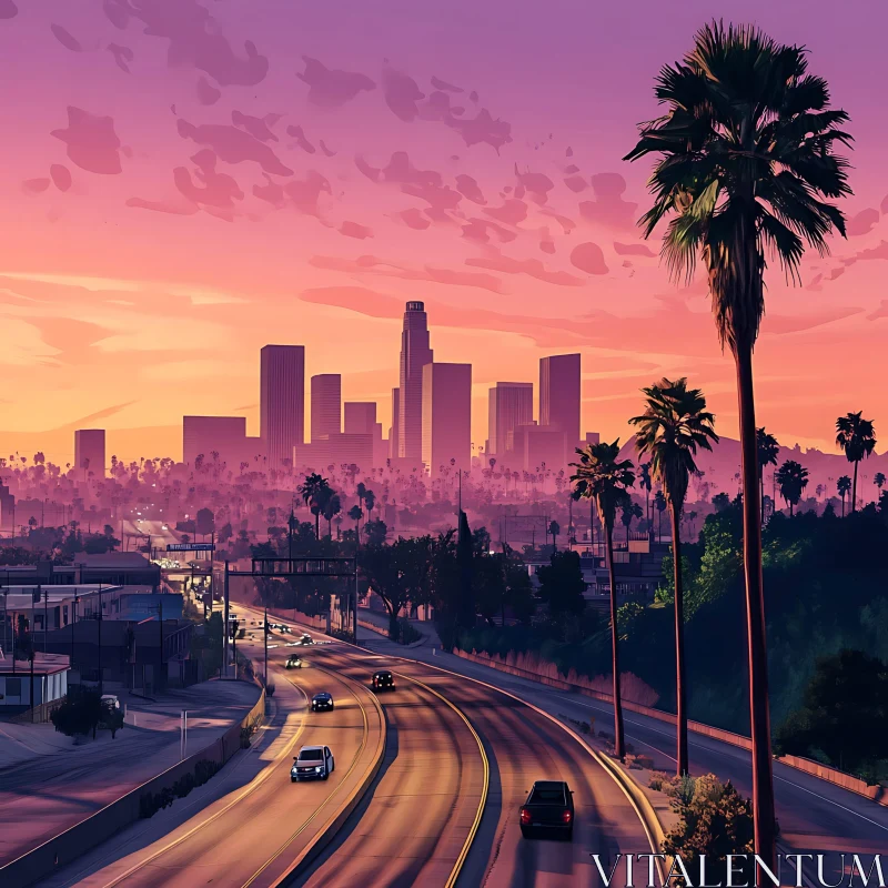 Sunset Cityscape with Skyline and Palms AI Image