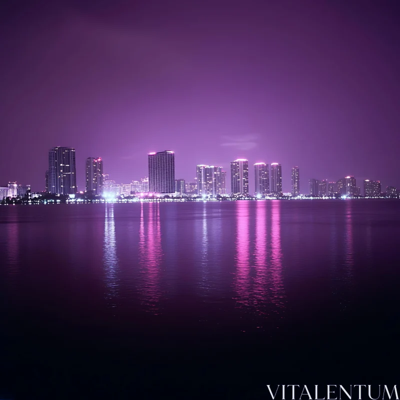 Purple Neon Cityscape Reflections AI Image