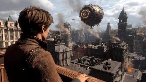 Man Overlooking Steampunk City with Flying Machines