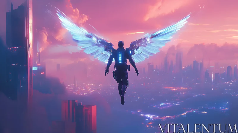 Cyborg Angel Over Futuristic Cityscape AI Image