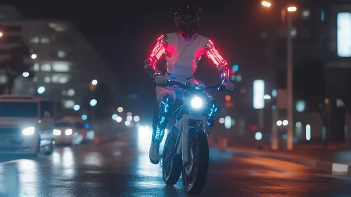 Cyborg Motorcyclist Rides Through the City