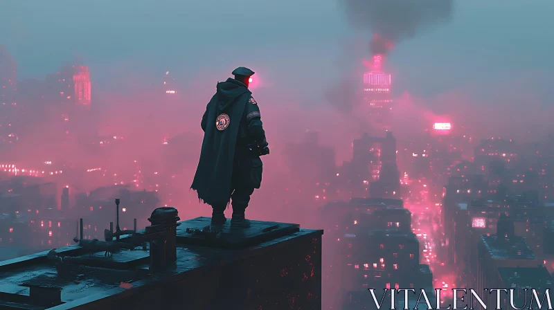 Cyberpunk Rooftop View in Misty City AI Image