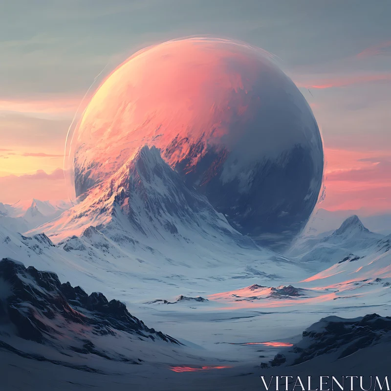 Colossal Planet in Snowy Mountains at Sunset AI Image