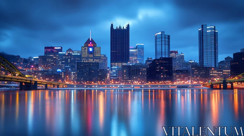 Illuminated City Skyline at Night with Reflections AI Image