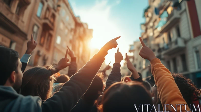 Urban Crowd Pointing at Sunset AI Image