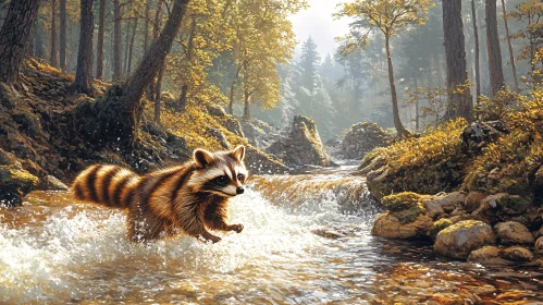 Wild Raccoon in Lush Forest