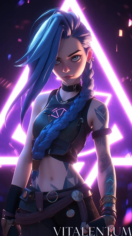 AI ART Cyberpunk Female Anime Character with Neon Backdrop