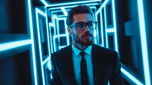 Man in Glasses in Neon Lit Corridor