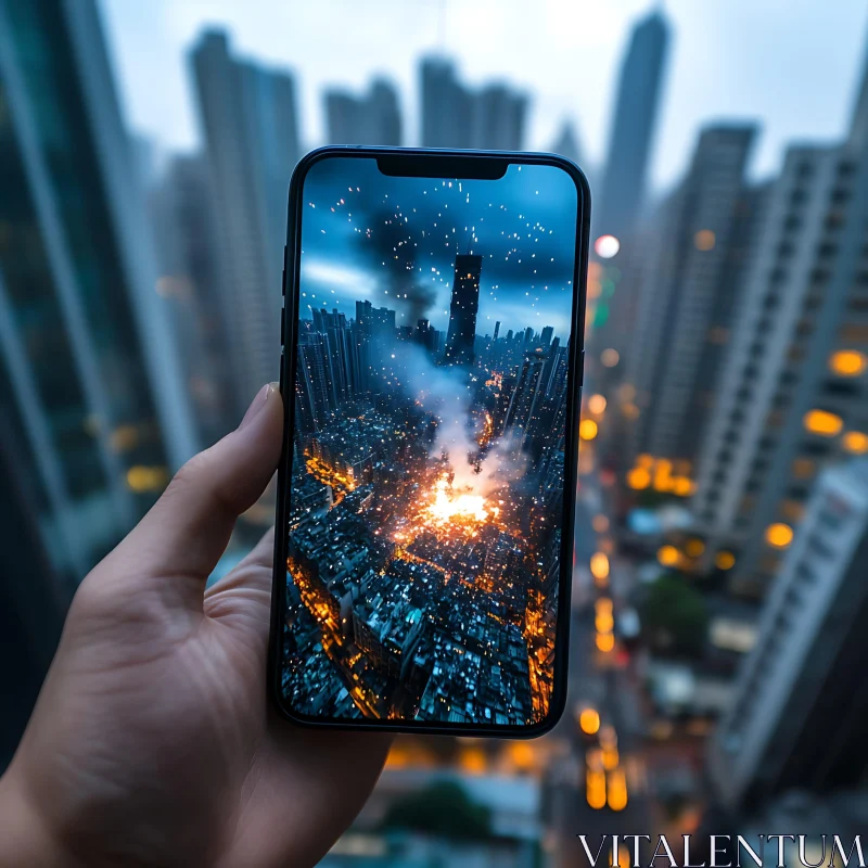 City Fire Captured on Smartphone at Night AI Image