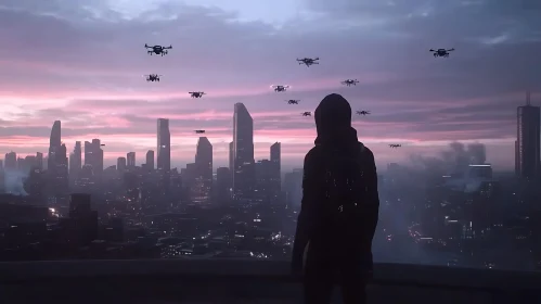 Skyline View with Drones during Sunset