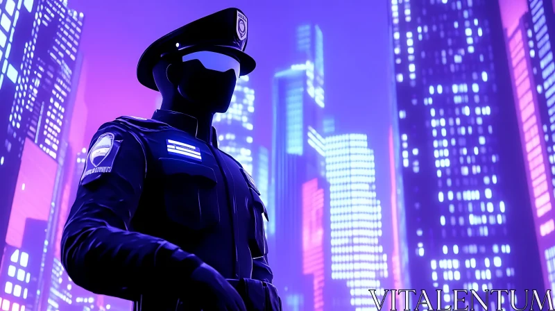 Neon Lit Policeman in a Futuristic City AI Image