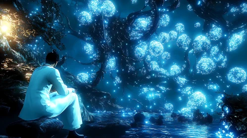 Mysterious Bioluminescent Forest Scene with Man in White Suit