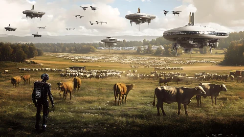 Cyborg and Drones in a Futuristic Countryside