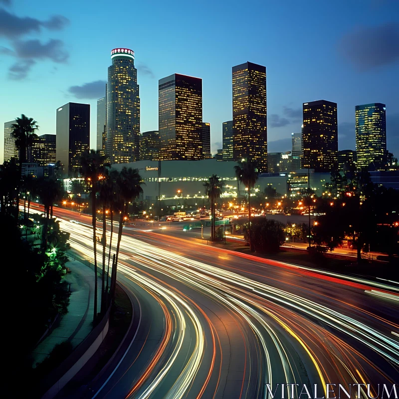 Bustling Night in a City with Illuminated Skyscrapers and Traffic Light Trails AI Image