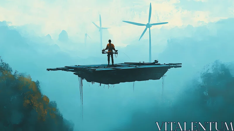 AI ART Man and Wind Turbines on Floating Platform