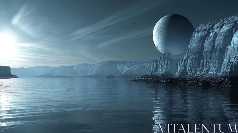 AI ART Otherworldly Ice Landscape and Gigantic Planet