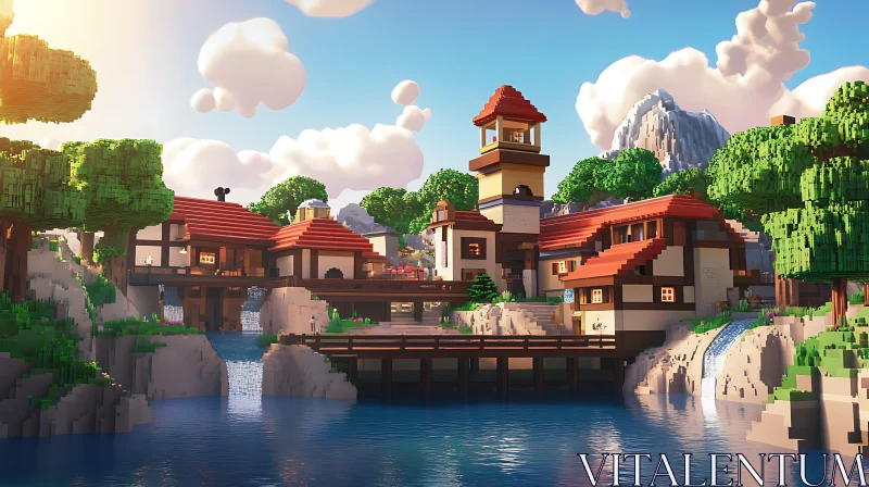 Charming Voxel Village with Red Roofs and Tower AI Image