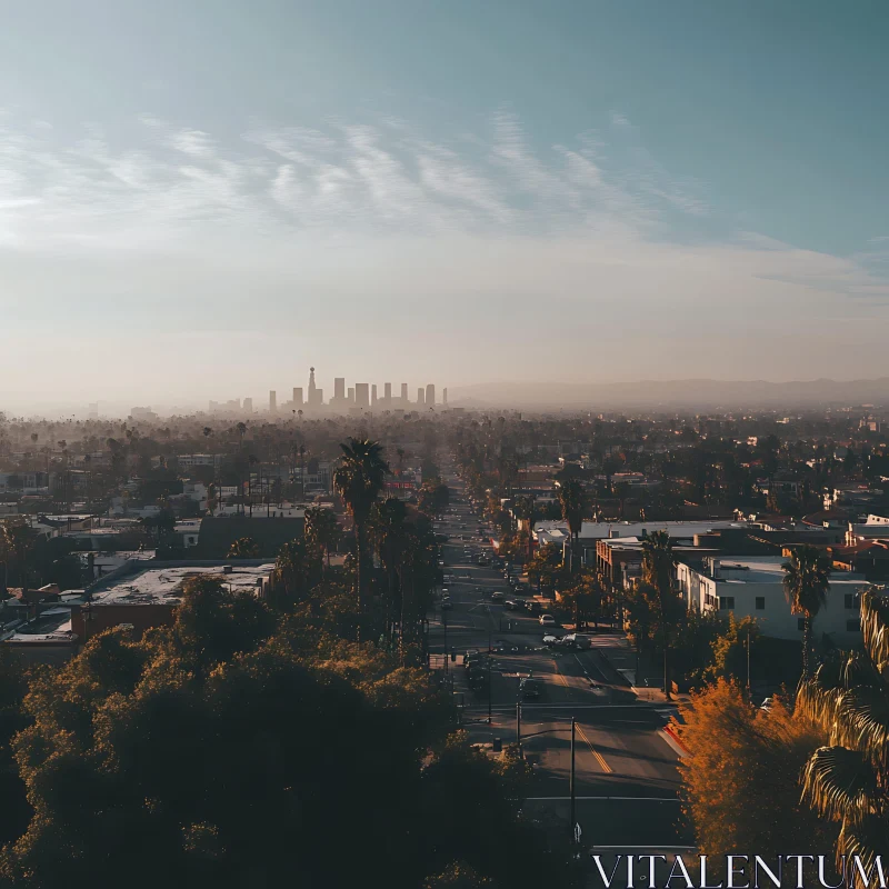 AI ART Urban Sunrise with Palm Trees and Distant Skyline