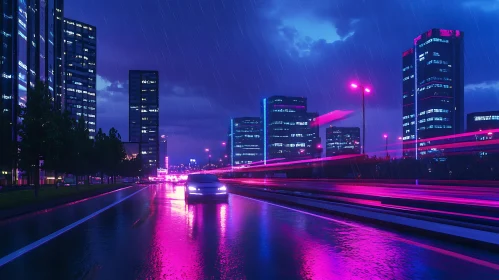 Neon Lit Night City in Rain