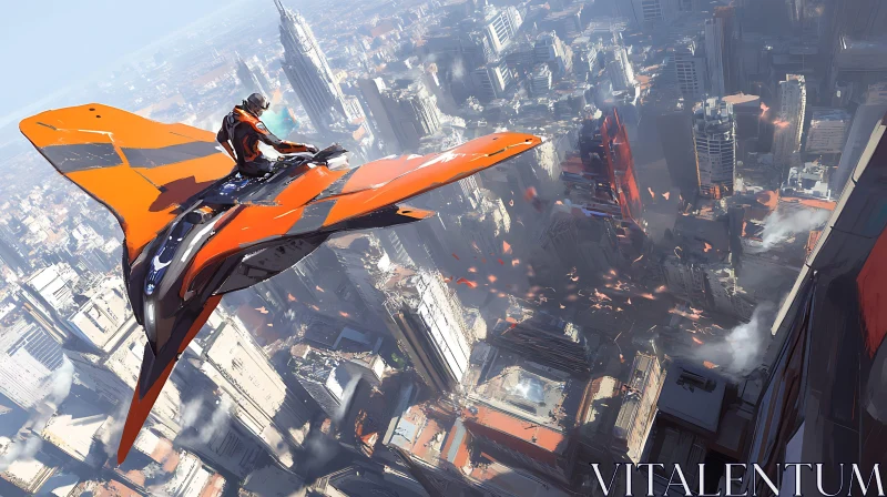 Pilot in Orange Jet Traversing Future City AI Image