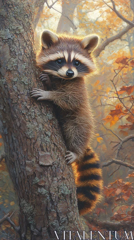 AI ART Raccoon Climbing a Tree Amidst Fall Colors