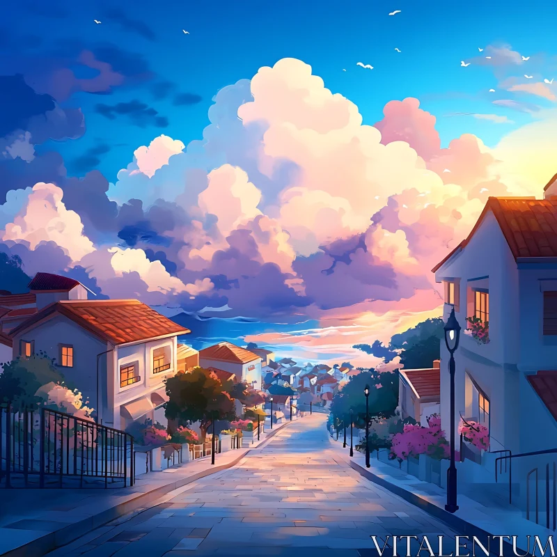 Sunset Over Quaint Coastal Village Street AI Image