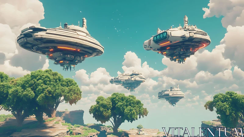 Spaceships Above Greenery AI Image