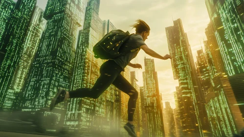 Cyberpunk Runner in High-Tech Urban Landscape