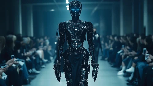 Sleek Black Cyborg Model Walking Down the Runway