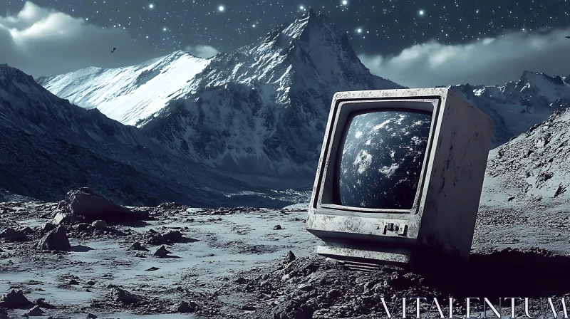 Vintage Monitor in Mountain Landscape Under Starry Sky AI Image