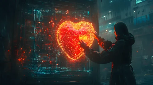 Cyberpunk Interaction with Neon Heart in Rain