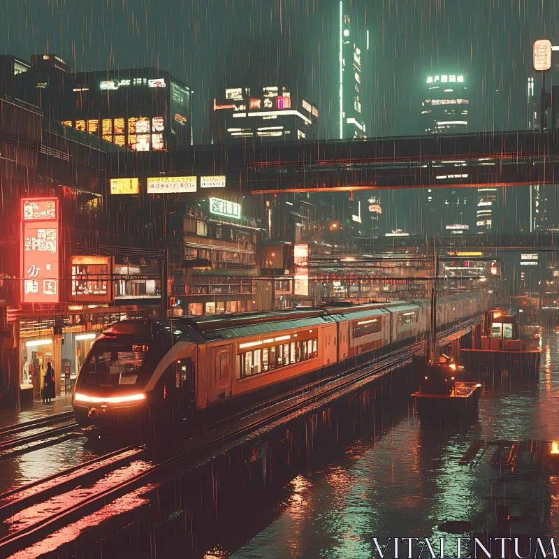 AI ART Urban Night Rain Scene with Electric Train