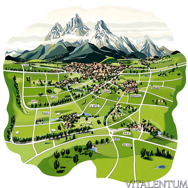 Mountain Village Illustration with Snow-Capped Peaks AI Image