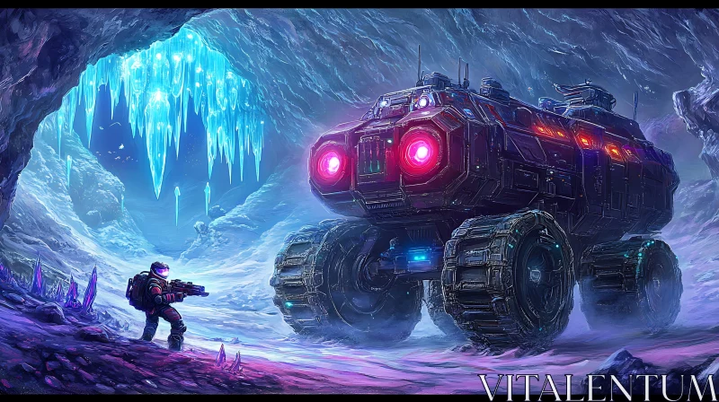 Sci-Fi Explorer in Icy Cavern with High-Tech Vehicle AI Image