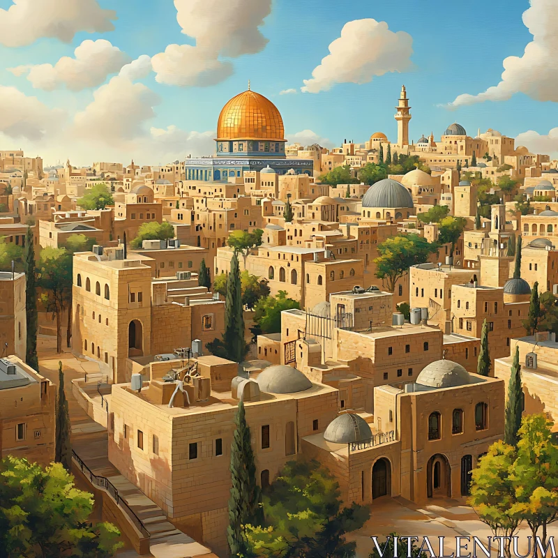 Historical City with Golden Mosque Dome AI Image