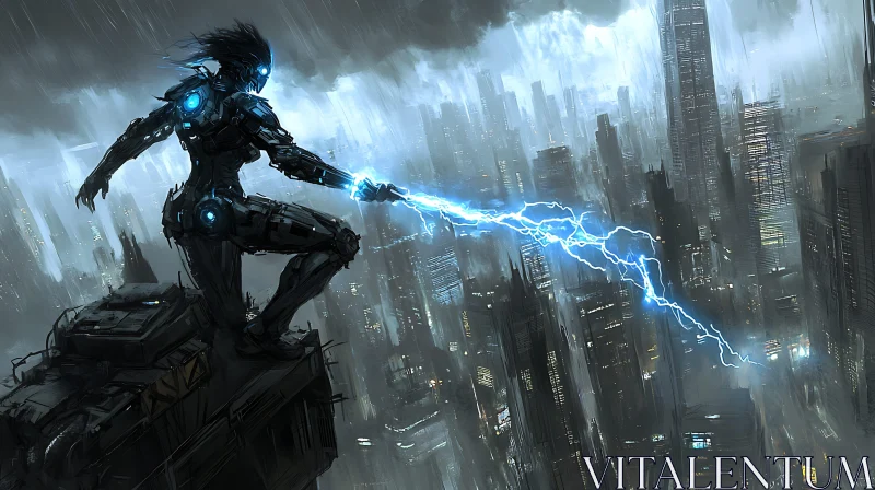 AI ART Futuristic Cyborg with Blue Lightning