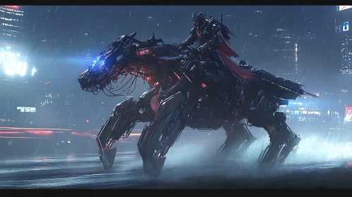 Cybernetic Horse and Rider in Neon City