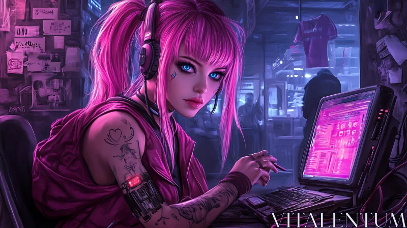 Cyberpunk Woman at a Neon Pink Computer AI Image