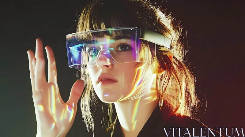 Virtual Reality Glasses and Light Reflections on Woman's Face AI Image