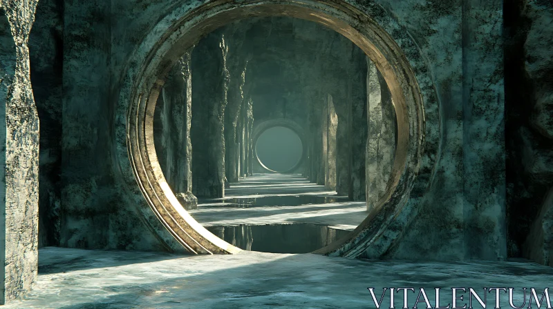 Mysterious Tunnel with Ancient Rings AI Image