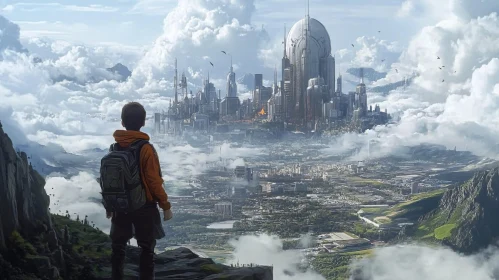 Explorer Overlooking a Futuristic Cloud City