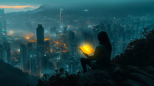 Nighttime Urban Vista with a Reader and a Luminous Book