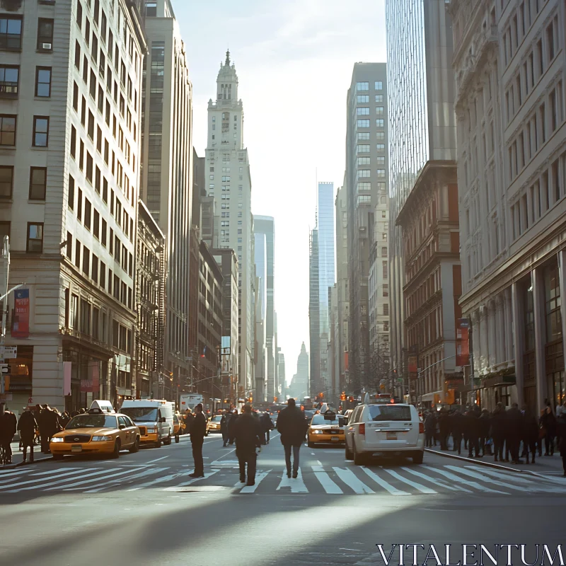 Urban Cityscape with Taxis and Pedestrians AI Image